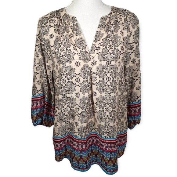 BEACH LUNCH LOUNGE BOHO-INSPIRED CREAM & BLUE BLOUSE SZ.S EUC - Picture 1 of 5